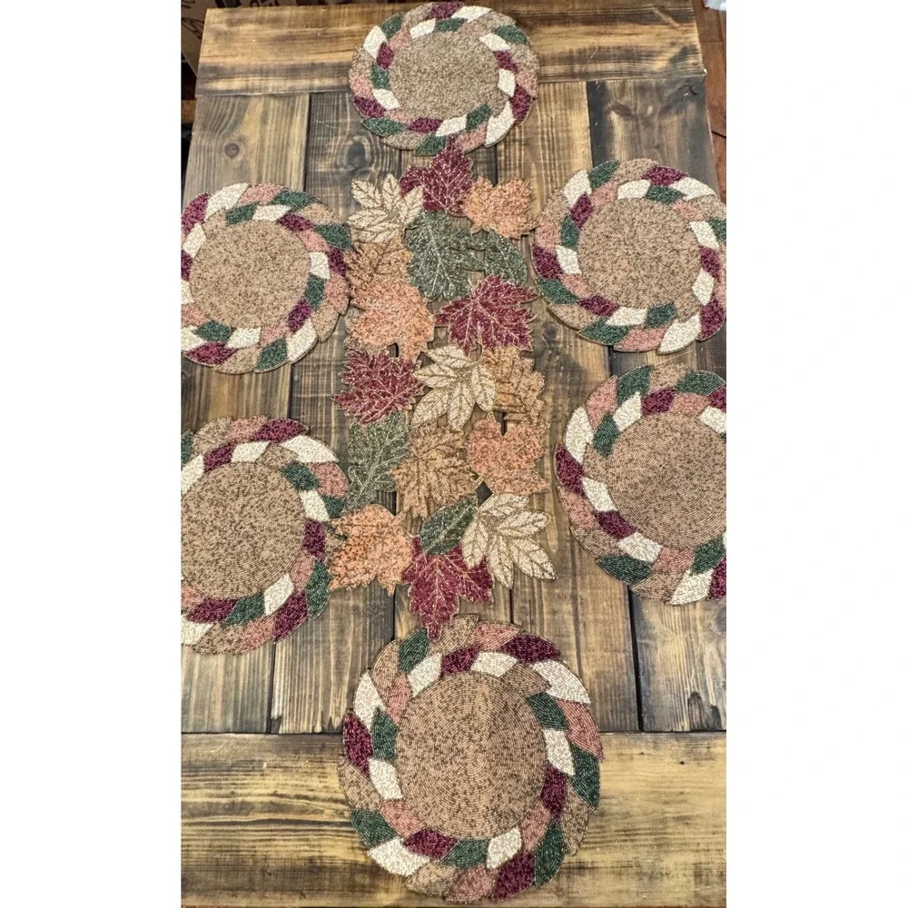 Bed Bath & Beyond Beaded Fall Table Runner and 6 Placemats Set Autumn‎ Harvest
